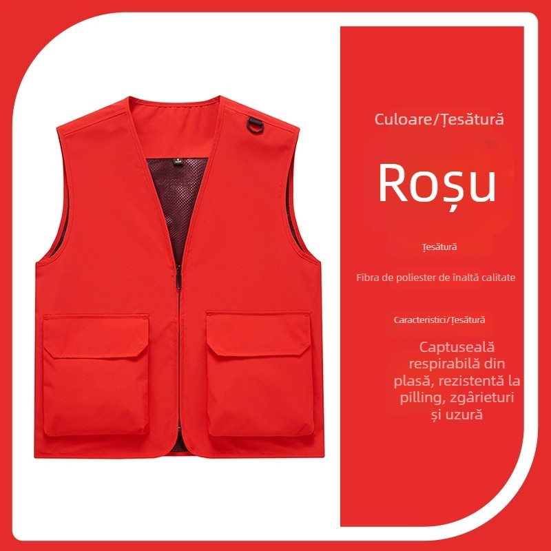 Vestă de lucru pentru bărbați cu buzunare multiple, rezistentă, croială lejeră, decolteu în V cu fermoar, stil cardigan; material principal: poliester; căptușeală: acetat; patru sezoane; logo personalizat