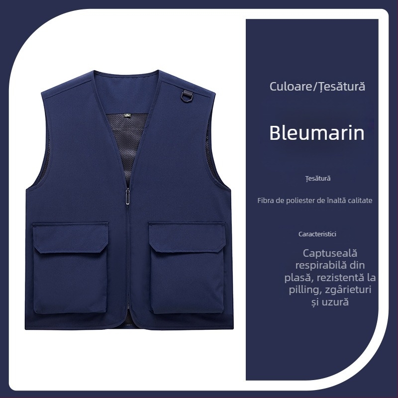 Vestă de lucru pentru bărbați cu buzunare multiple, rezistentă, croială lejeră, decolteu în V cu fermoar, stil cardigan; material principal: poliester; căptușeală: acetat; patru sezoane; logo personalizat