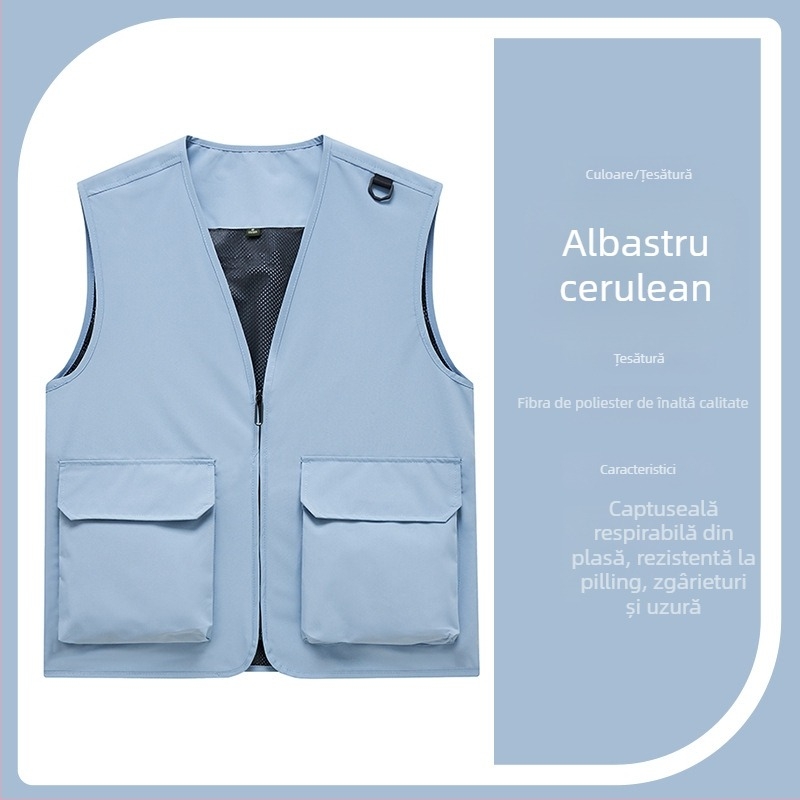 Vestă de lucru pentru bărbați cu buzunare multiple, rezistentă, croială lejeră, decolteu în V cu fermoar, stil cardigan; material principal: poliester; căptușeală: acetat; patru sezoane; logo personalizat