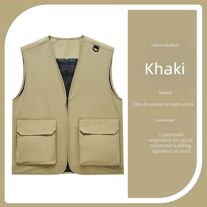 Vestă de lucru pentru bărbați cu buzunare multiple, rezistentă, croială lejeră, decolteu în V cu fermoar, stil cardigan; material principal: poliester; căptușeală: acetat; patru sezoane; logo personalizat