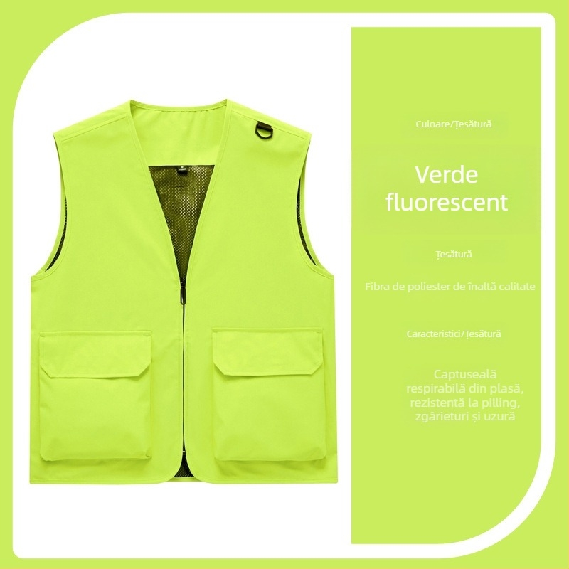 Vestă de lucru pentru bărbați cu buzunare multiple, rezistentă, croială lejeră, decolteu în V cu fermoar, stil cardigan; material principal: poliester; căptușeală: acetat; patru sezoane; logo personalizat
