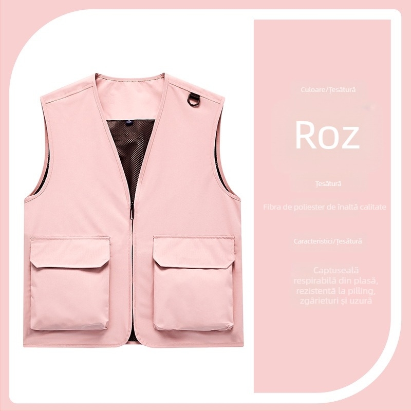 Vestă de lucru pentru bărbați cu buzunare multiple, rezistentă, croială lejeră, decolteu în V cu fermoar, stil cardigan; material principal: poliester; căptușeală: acetat; patru sezoane; logo personalizat