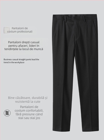 Pantaloni bărbați cu croială dreaptă pentru muncă, 69,7% poliester, microelasticitate, fără călcare, mai multe buzunare, primăvară–toamnă, stil business