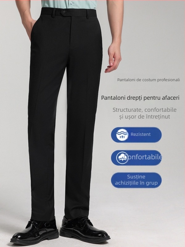 Pantaloni bărbați cu croială dreaptă pentru muncă, 69,7% poliester, microelasticitate, fără călcare, mai multe buzunare, primăvară–toamnă, stil business