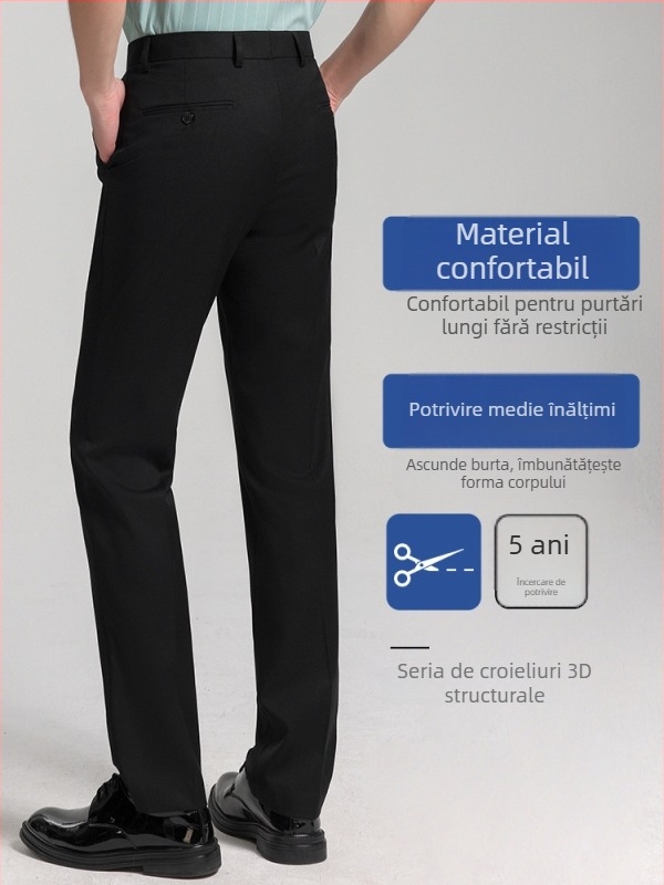 Pantaloni bărbați cu croială dreaptă pentru muncă, 69,7% poliester, microelasticitate, fără călcare, mai multe buzunare, primăvară–toamnă, stil business