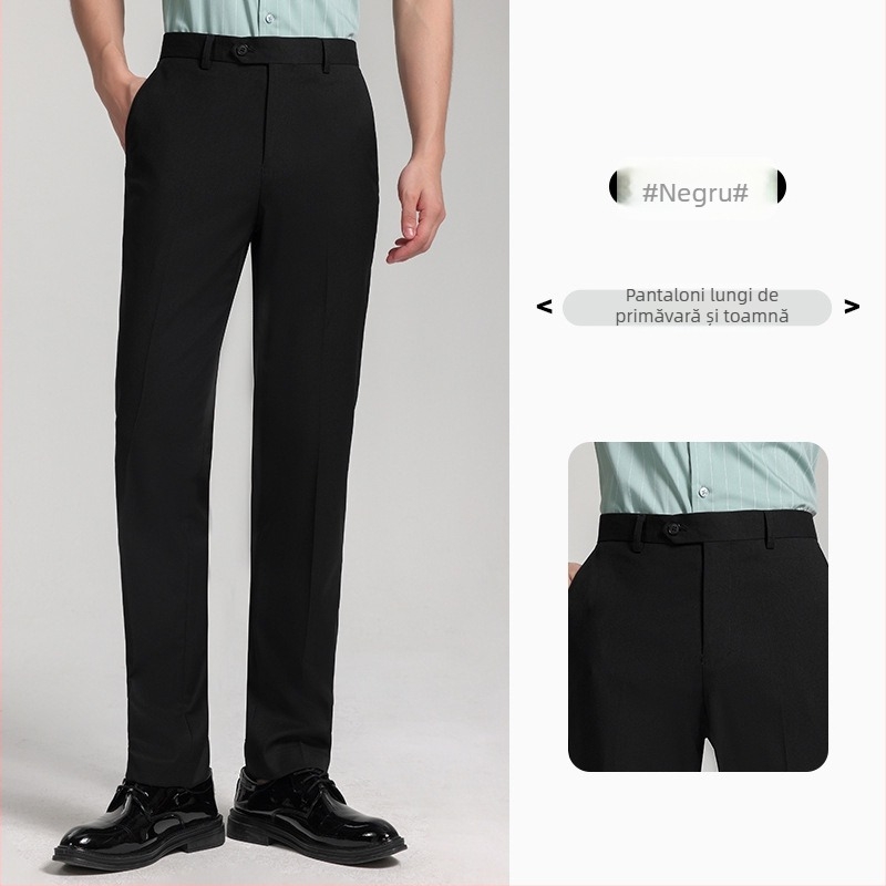 Pantaloni bărbați cu croială dreaptă pentru muncă, 69,7% poliester, microelasticitate, fără călcare, mai multe buzunare, primăvară–toamnă, stil business