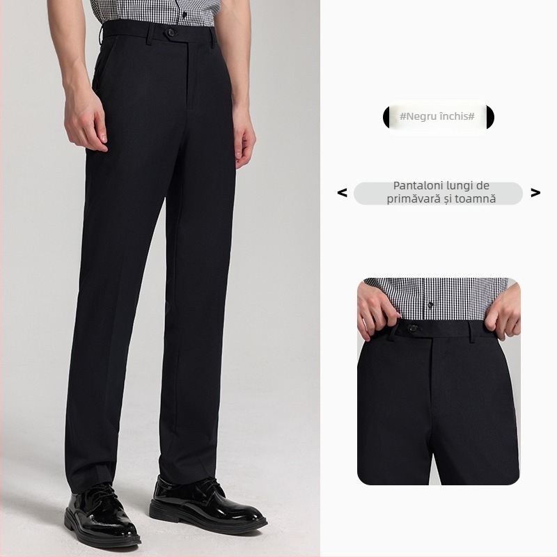 Pantaloni bărbați cu croială dreaptă pentru muncă, 69,7% poliester, microelasticitate, fără călcare, mai multe buzunare, primăvară–toamnă, stil business