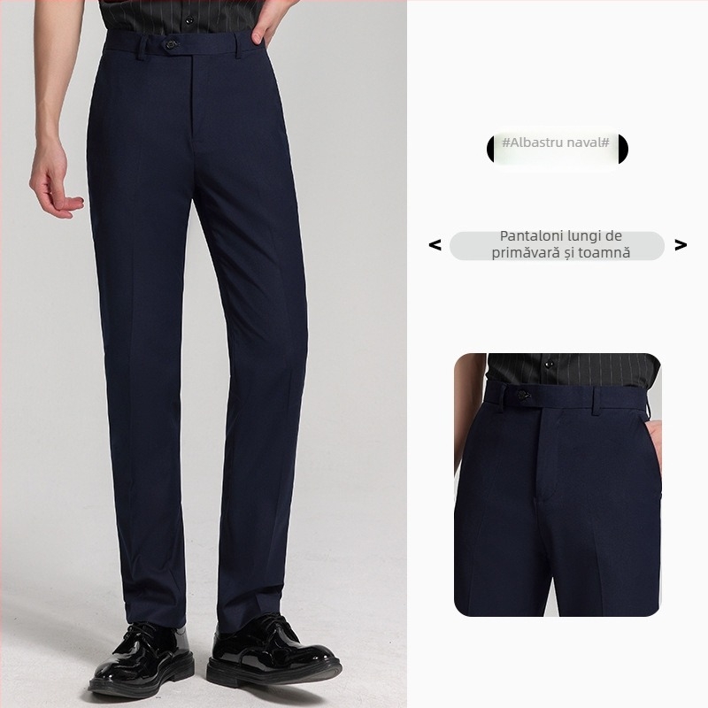 Pantaloni bărbați cu croială dreaptă pentru muncă, 69,7% poliester, microelasticitate, fără călcare, mai multe buzunare, primăvară–toamnă, stil business