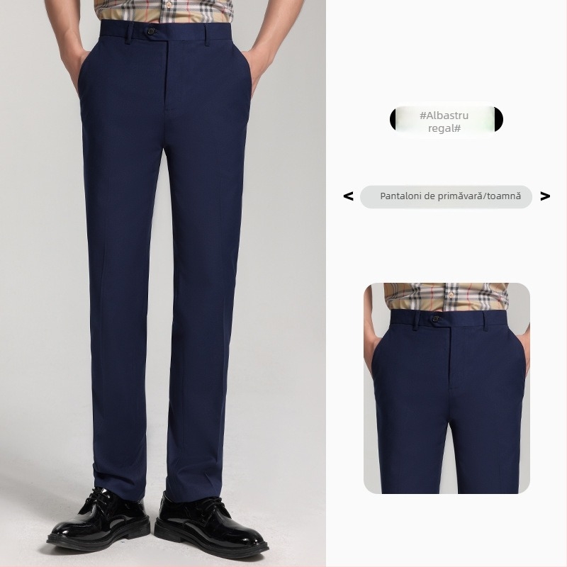 Pantaloni bărbați cu croială dreaptă pentru muncă, 69,7% poliester, microelasticitate, fără călcare, mai multe buzunare, primăvară–toamnă, stil business