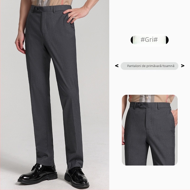 Pantaloni bărbați cu croială dreaptă pentru muncă, 69,7% poliester, microelasticitate, fără călcare, mai multe buzunare, primăvară–toamnă, stil business