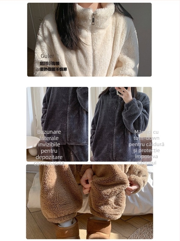 Set de pijamale pentru femei, două piese, cu căptușeală fleece, guler înalt, croială lejeră, stil coreean, țesătură velur dublu față, 95% poliester