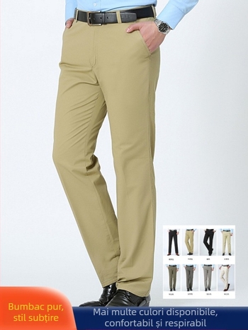 Pantaloni de costum din bumbac, croială dreaptă, vară, decor la buzunare, stil business formal