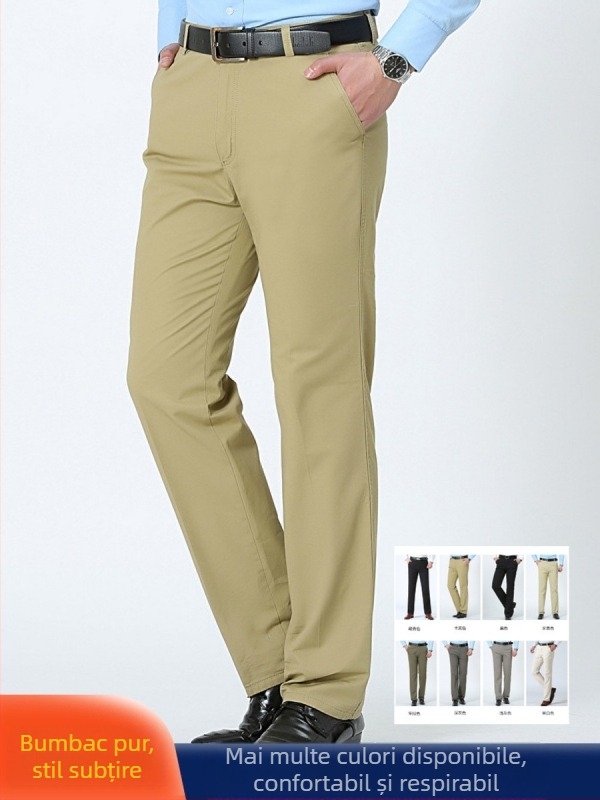 Pantaloni de costum din bumbac, croială dreaptă, vară, decor la buzunare, stil business formal
