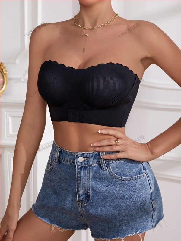 Sutien bandeau fără bretele, tip tub, cu închidere frontală cu cataramă, push-up; cupă completă, cupă subțire modelată; fără sârmă, fără cusături; material principal: nylon 80–90%, căptușeală: spandex (<30%).
