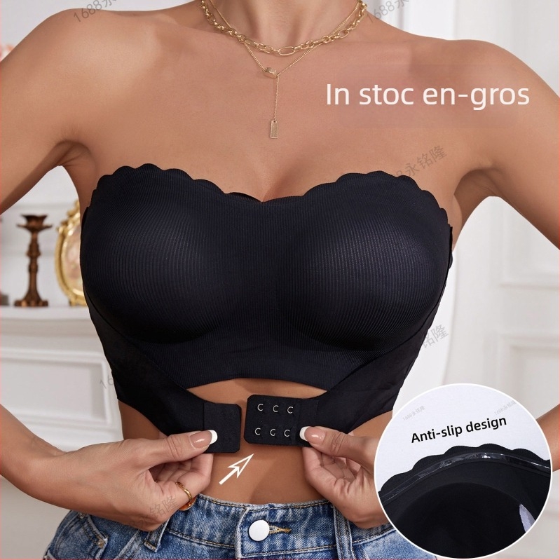 Sutien bandeau fără bretele, tip tub, cu închidere frontală cu cataramă, push-up; cupă completă, cupă subțire modelată; fără sârmă, fără cusături; material principal: nylon 80–90%, căptușeală: spandex (<30%).