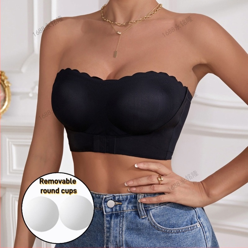 Sutien bandeau fără bretele, tip tub, cu închidere frontală cu cataramă, push-up; cupă completă, cupă subțire modelată; fără sârmă, fără cusături; material principal: nylon 80–90%, căptușeală: spandex (<30%).
