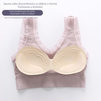 Sutien sport fără armătură, material nylon, cupă completă, cupă subțire sus și mai groasă jos, margine dantelată pe spate