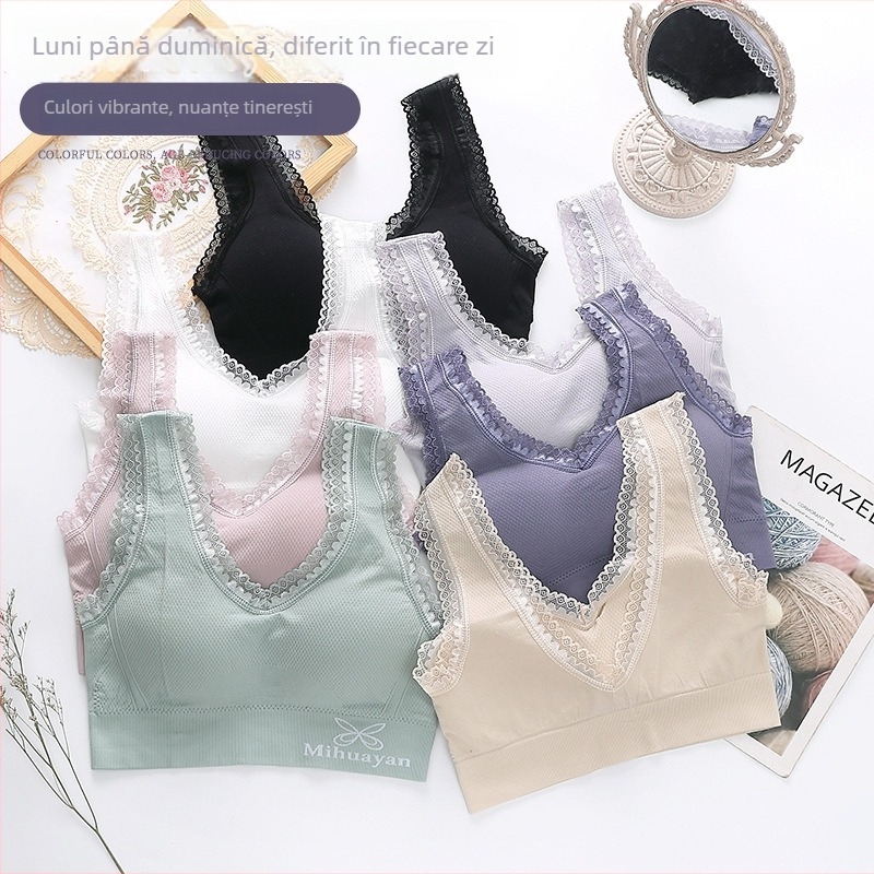 Sutien sport fără armătură, material nylon, cupă completă, cupă subțire sus și mai groasă jos, margine dantelată pe spate