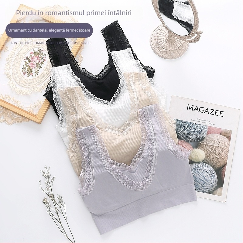 Sutien sport fără armătură, material nylon, cupă completă, cupă subțire sus și mai groasă jos, margine dantelată pe spate