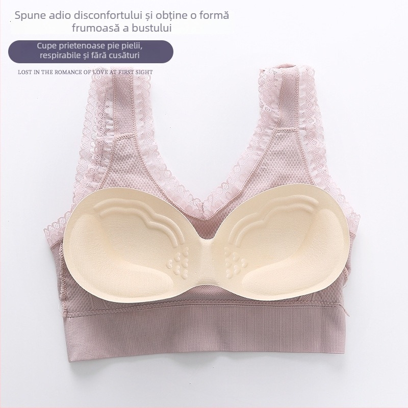 Sutien sport fără armătură, material nylon, cupă completă, cupă subțire sus și mai groasă jos, margine dantelată pe spate