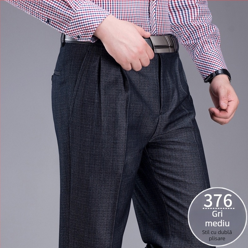 Pantaloni de costum pentru bărbați, croială dreaptă, talie înaltă, amestec din lână 85%, fără călcare, cu buzunare