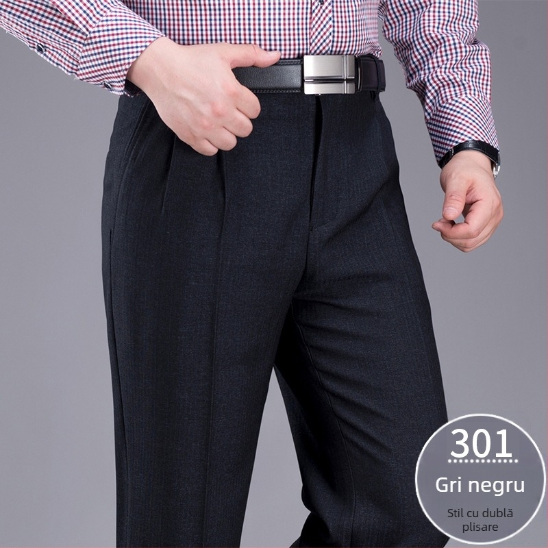 Pantaloni de costum pentru bărbați, croială dreaptă, talie înaltă, amestec din lână 85%, fără călcare, cu buzunare