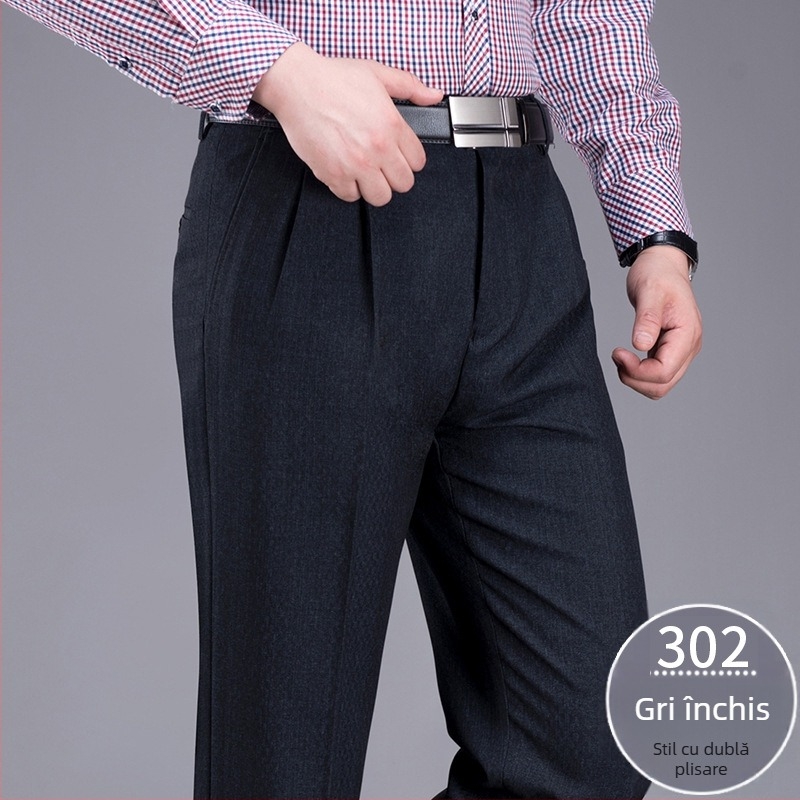 Pantaloni de costum pentru bărbați, croială dreaptă, talie înaltă, amestec din lână 85%, fără călcare, cu buzunare