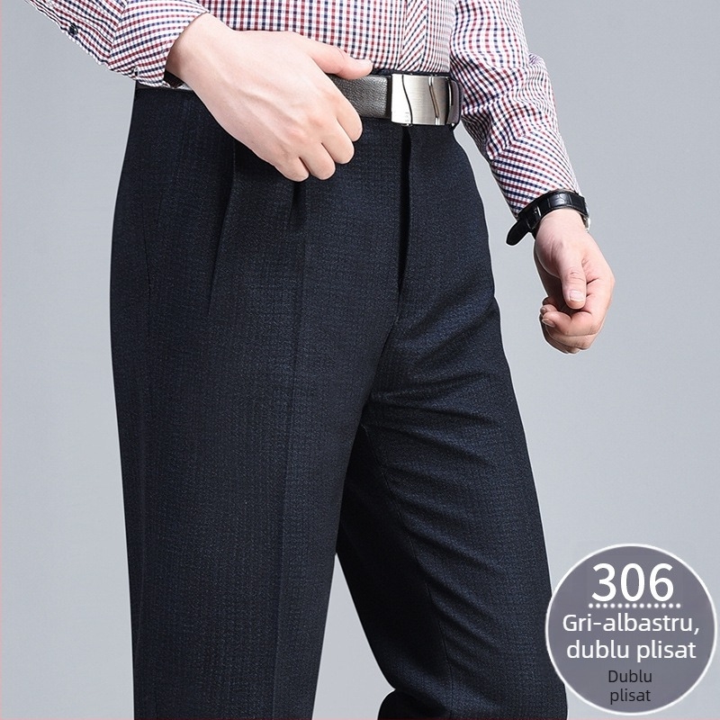 Pantaloni de costum pentru bărbați, croială dreaptă, talie înaltă, amestec din lână 85%, fără călcare, cu buzunare