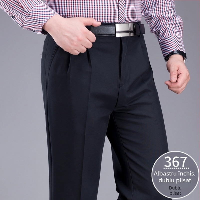 Pantaloni de costum pentru bărbați, croială dreaptă, talie înaltă, amestec din lână 85%, fără călcare, cu buzunare