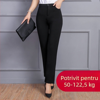 Pantaloni femei din amestec stretch poliester-bumbac, talie înaltă, croială dreaptă, stil office, model solid