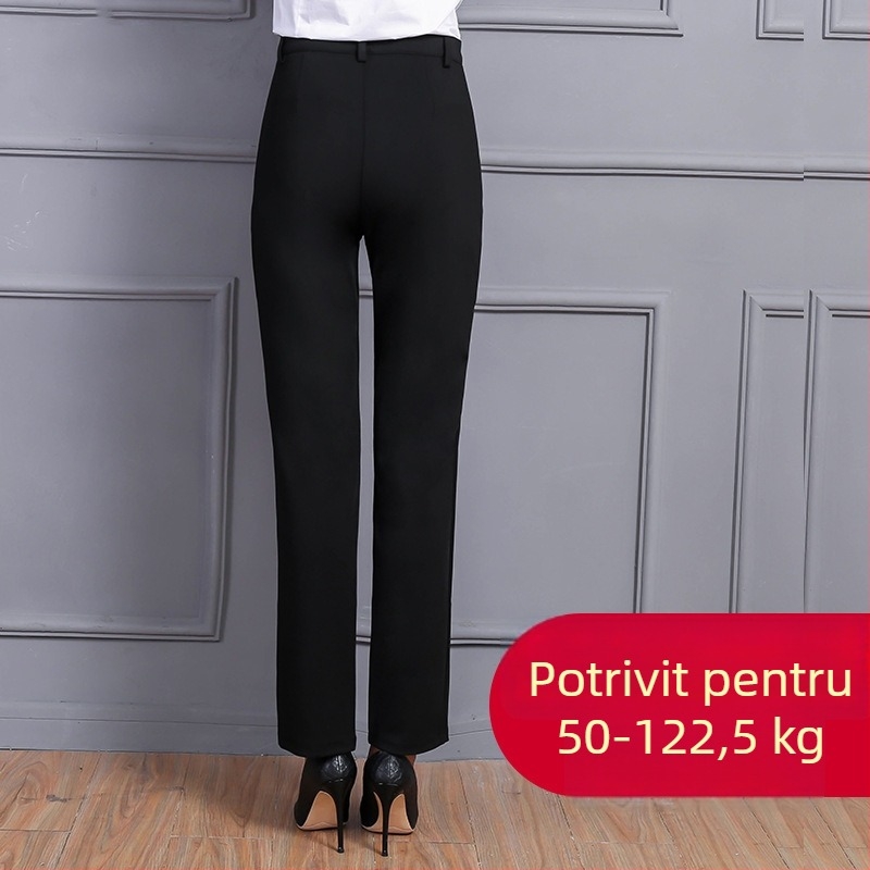 Pantaloni femei din amestec stretch poliester-bumbac, talie înaltă, croială dreaptă, stil office, model solid