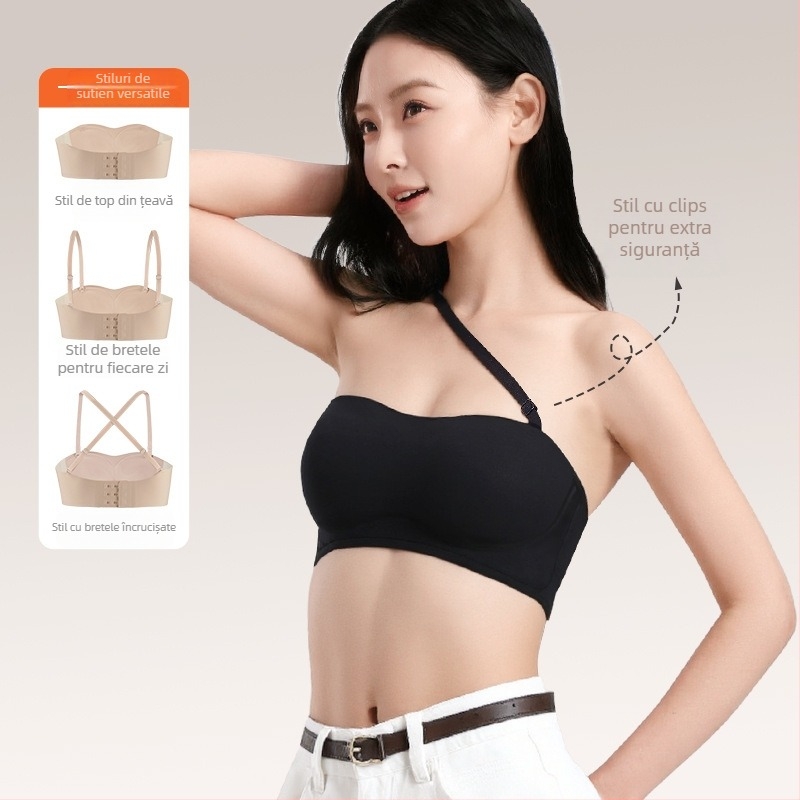 Bustier tube top fără bretele pentru un sân mic — fără cusături, anti-derapare, susținere moale, cupe 3/4 cu burete subțire, amestec nylon/spandex