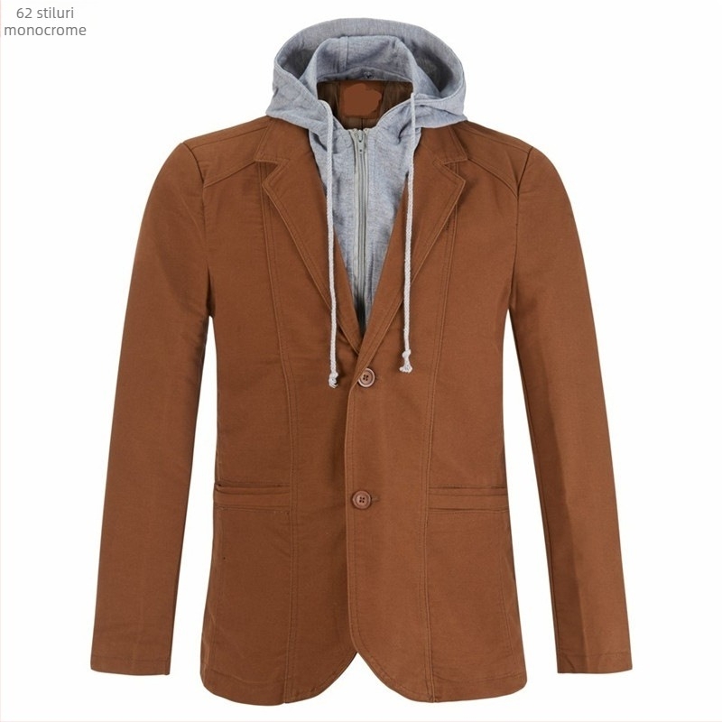 Costum casual din bumbac, croială slim-fit, guler de sacou, nasturi pe un rând, mâneci lungi