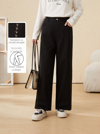 Pantaloni femei din denim drept, spălați, talie înaltă, 95% bumbac, toamnă 2024