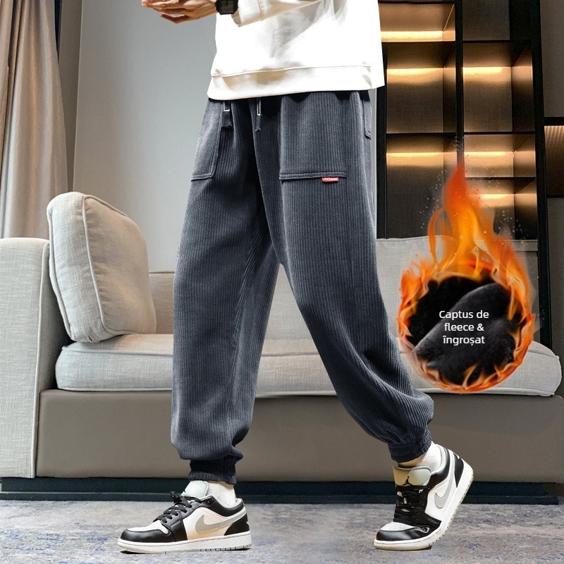 Pantaloni sport casual corduroy, căptușiți cu fleece, groși pentru iarnă, talie medie, glezna legata, detaliu buzunare, 100% poliester, non-iron