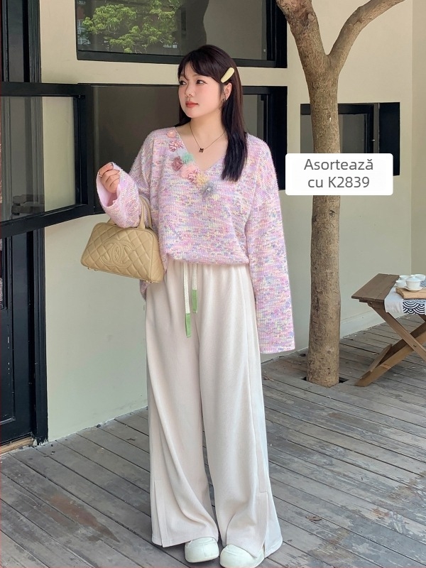 Mellowrani Pantaloni largi tricotati pentru femei, talie înaltă, lungi până la podea, poliester