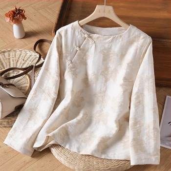 Top damă jacquard din ramie, țesătură bumbac-lin, imprimeu floral vegetal, mâneci lungi, croială lejeră