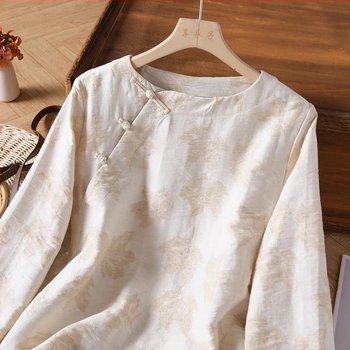 Top damă jacquard din ramie, țesătură bumbac-lin, imprimeu floral vegetal, mâneci lungi, croială lejeră