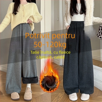 Pantaloni femei cu căptușeală fleece, talie înaltă, croială lejeră – drept și wide-leg, lungi, din poliester pentru toamnă-iarnă