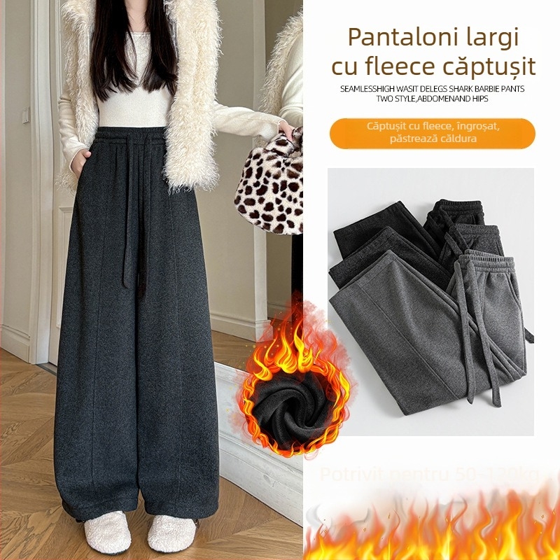 Pantaloni femei cu căptușeală fleece, talie înaltă, croială lejeră – drept și wide-leg, lungi, din poliester pentru toamnă-iarnă