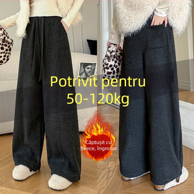 Pantaloni femei cu căptușeală fleece, talie înaltă, croială lejeră – drept și wide-leg, lungi, din poliester pentru toamnă-iarnă