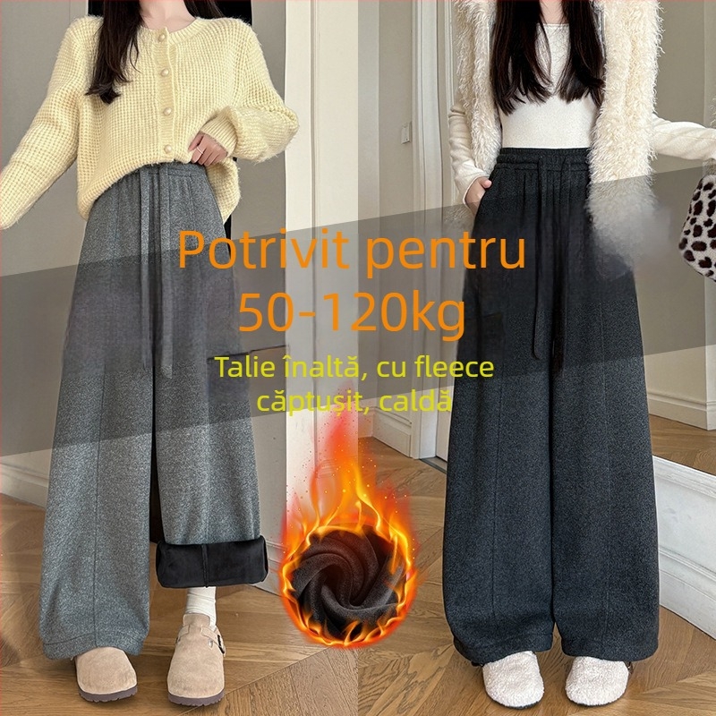 Pantaloni femei cu căptușeală fleece, talie înaltă, croială lejeră – drept și wide-leg, lungi, din poliester pentru toamnă-iarnă