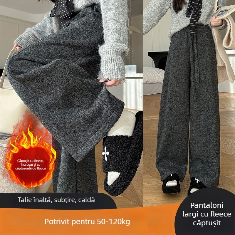 Pantaloni femei cu căptușeală fleece, talie înaltă, croială lejeră – drept și wide-leg, lungi, din poliester pentru toamnă-iarnă