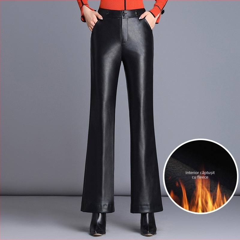 Pantaloni din piele PU pentru femei, croială evazată, talie înaltă, lungi, material principal poliester