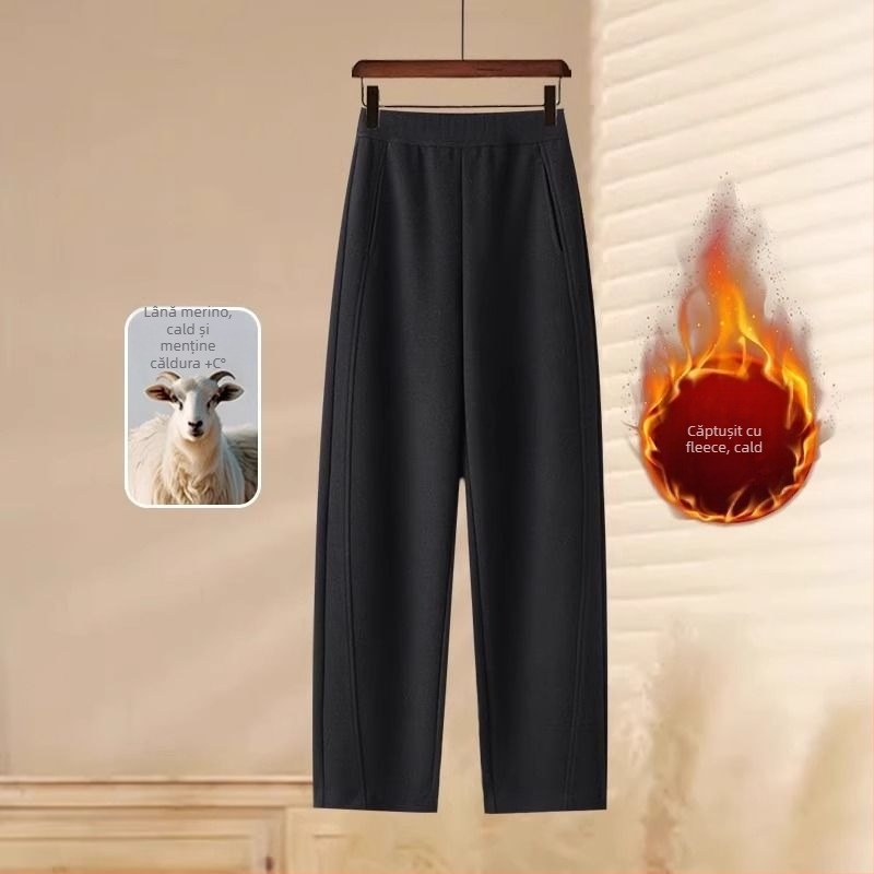 Pantaloni de lână pentru femei, model drept, talie înaltă, 95% lână, micro-elasticitate, stil splicing