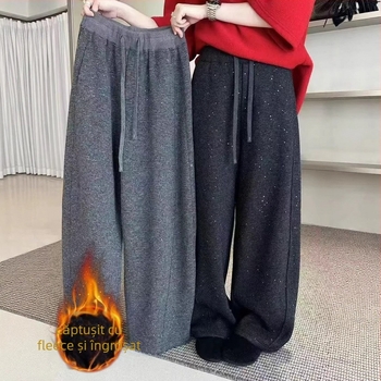 Pantaloni largi cu paiete, căptușeală fleece, țesătură poliester elastan, talie înaltă, iarnă 2025 casual
