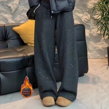 Pantaloni largi cu paiete, căptușeală fleece, țesătură poliester elastan, talie înaltă, iarnă 2025 casual