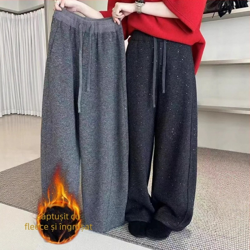 Pantaloni largi cu paiete, căptușeală fleece, țesătură poliester elastan, talie înaltă, iarnă 2025 casual