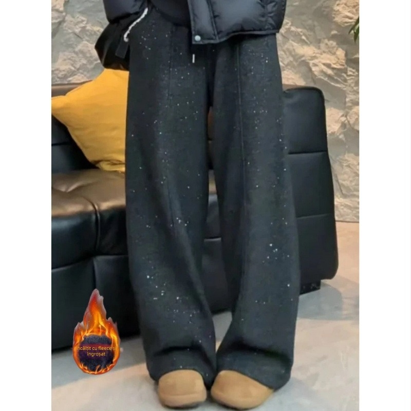 Pantaloni largi cu paiete, căptușeală fleece, țesătură poliester elastan, talie înaltă, iarnă 2025 casual