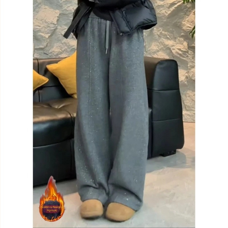 Pantaloni largi cu paiete, căptușeală fleece, țesătură poliester elastan, talie înaltă, iarnă 2025 casual